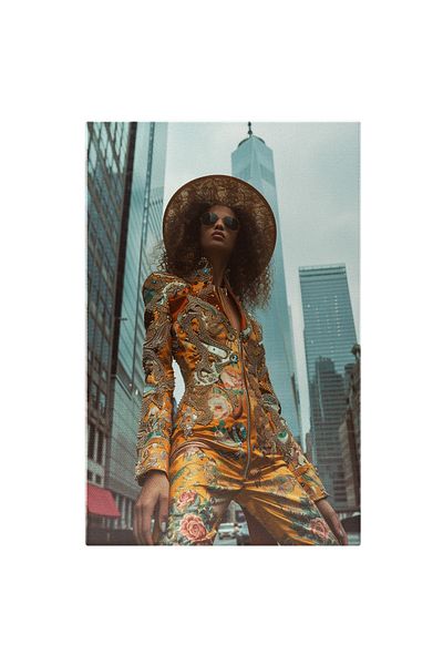 StoryGift Romania Canvas Painting: The Modern Model Of Femininity Eccentric Jumpsuit At The Foot Of The Skyscrapers Painting
