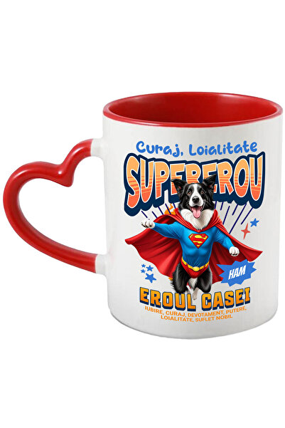StoryGift Romania Cana Cu Border Collie Caine In Costum De Superman Cu Pelerina, Erou Nocturn, Des, Cu Maner Inim Stg