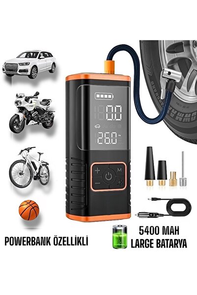 Enshall Hava Kompresörü 5400 mAh 4IN1 Şarjlı+Araç Çakmaklık Taşınabilir Araç Lastik Top Şişirme Pompası Oto