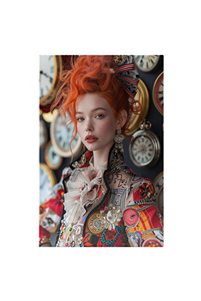 StoryGift Romania Tablou Canvas Roscata Cu Cercei Si Ochi Albastri Cu Buzele Mari Langa Un Perete Cu Ceasuri In