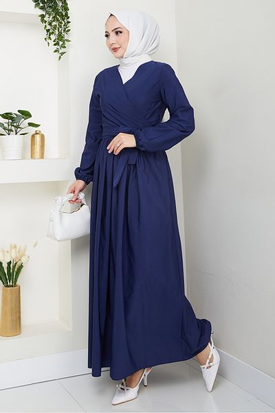 Bestenur Tie-Up Blouse Skirt Double Set 1465 - Navy Blue