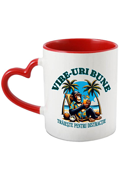 StoryGift Romania Cana Vibe-uri Bune. Traieste Pentru Distractie Maimuta Pe Plaja, 330ml, Ceramica, Cu Maner Inim Stg