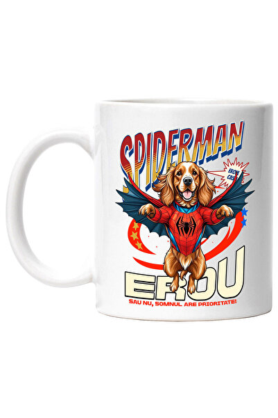 StoryGift Romania Cana Cu Cocker Spaniel / Cocker Spaniel Caine In Costum De Spiderman Cu Pelerina, Cu Maner Alb Stg