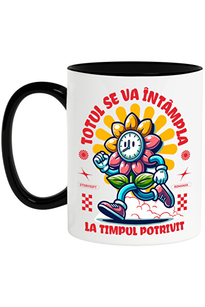 StoryGift Romania Cana Cu Ceas Floarea Soarelui Alergand Text Totul Se Va Intampla La Momentul Pot, Cu Maner Negru Stg