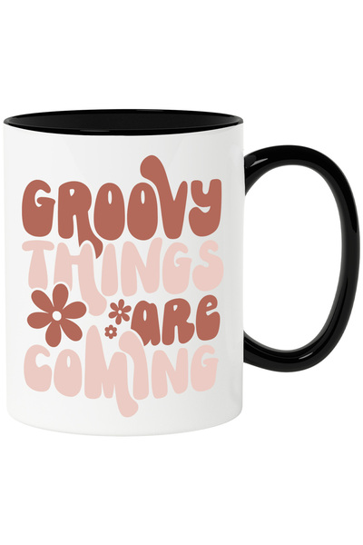 StoryGift Romania Cana Cu Floricele Si Textul "groovy Things Are Coming" - Lucrurile Misto Vor Apa, Cu Maner Negru Stg