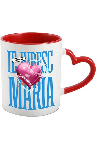 StoryGift Romania Cana Cu Mesaj Romantic Cu Inima Zburatoare Text Te Iubesc Maria, Valentine's Day, Cu Maner Inim Stg