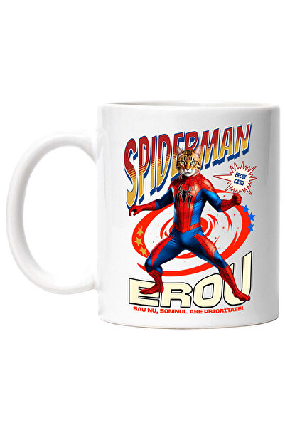 StoryGift Romania Cana Cu Bengal Pisica In Costum De Spiderman Cu Pelerina, Erou Nocturn, Desene A, Cu Maner Alb Stg