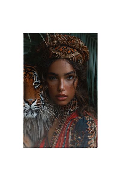 StoryGift Romania Canvas Painting Girl With Turban On Her Head With Freckles And Big Lips With Tiger Next To Her Dressed In