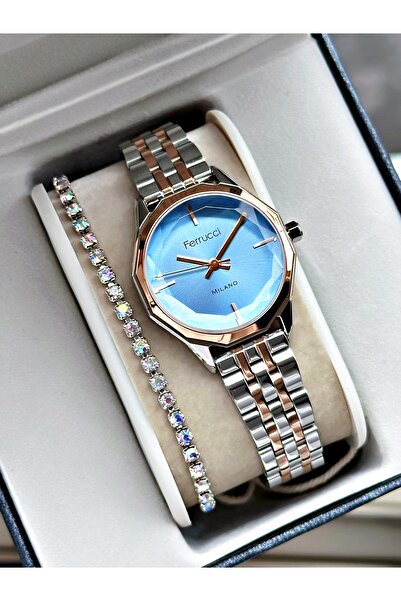 Ferrucci Rose Gold Gümüş Renk Sade Model Klasik Kadın Kol Saati + BİLEKLİK