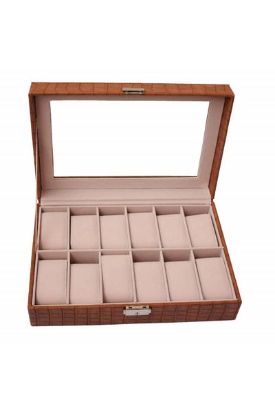 PUFO Elegant storage box with compartments for 12 watches, crocodile print, brown