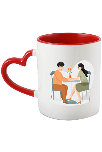 StoryGift Romania Cana Cu Cina, Intalnire, Cuplu, Flori, Scaun, Masa, Multicolor 330 Ml, Ceramica , Cu Maner Inim Stg