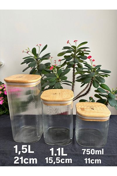 DİBA AVM Stylish Design 3-Piece Bamboo Lid Striped Square Jar Candy Grain Spice Jar