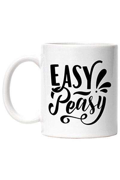 StoryGift Romania Cana Cu Textul In Engleza "easy-peasy" - Floare La Ureche Cu Maner Alb, Cu Maner Alb Stg