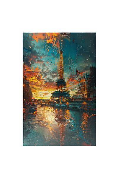 StoryGift Romania Tablou Canvas: Turnul Eiffel Pictat Cu Apus Și Culori Calde În Cadru Cu Apă- Artă Și Desen Pic
