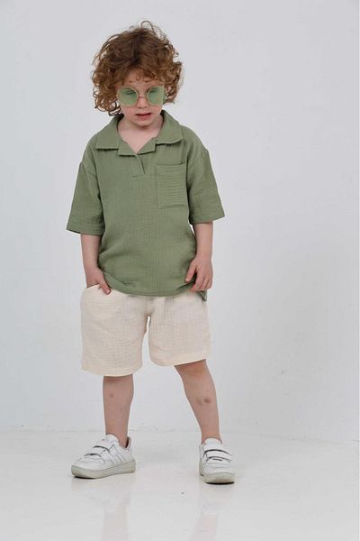 chacharon Boy's Muslin Fabric Boy's Collar Shorts Suit