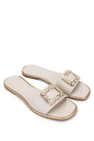 Tamer Tanca Women's Genuine Leather Off-White Flat Slippers