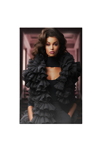 StoryGift Romania Tablou Canvas: Portret Fata Bruneta Tinuta Moderna Neagra B...