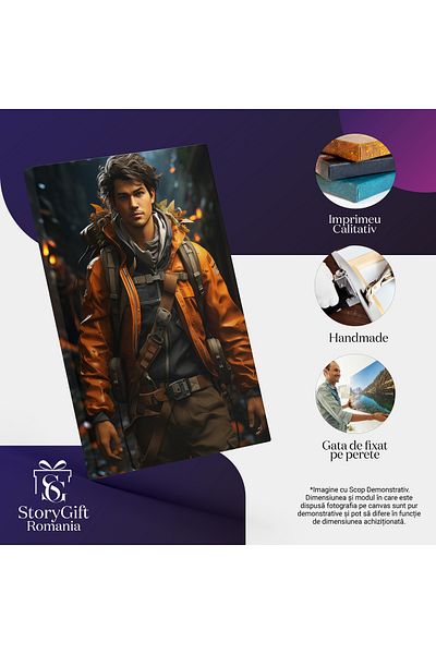 StoryGift Romania Tablou Canvas: Barbat In Drumetie Cu Geaca Portocalie Si Rucsac Pictura Digitala