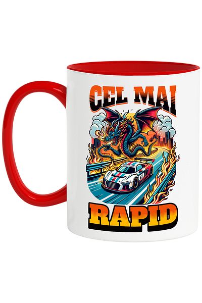 StoryGift Romania Cana Cel Mai Rapid Masina Pe Sosea Dragon In Aer Viteza, 330ml, Ceramic Cu Mane, Cu Maner Rosu Stg
