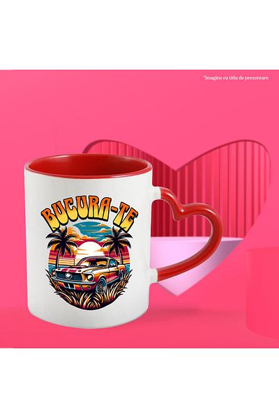 StoryGift Romania Cana Cu Masina Colorata De Curse Vintige Pe Insula Tropicala Apus De Soare Vitez, Cu Maner Inim Stg