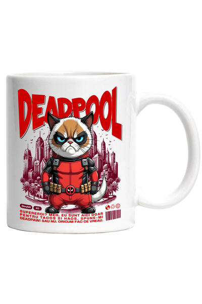 StoryGift Romania Cana Cu Pisica Morocănoasă / Grumpy Cat Pisica In Costum De Deadpool Cu Pelerin, Cu Maner Alb Stg