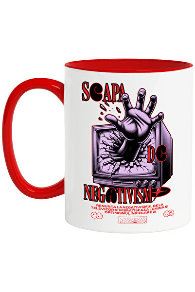 StoryGift Romania Cana Scapa De Negativismul De La Televizor, 330ml, Ceramic Cu Maner Rosu, Cu Maner Rosu Stg