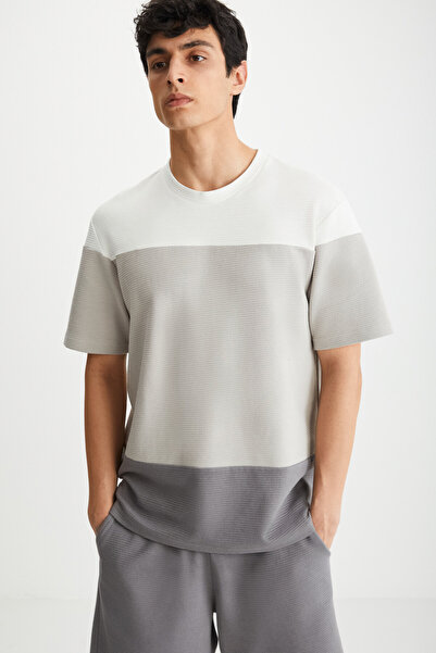 GRIMELANGE Ανδρικό μπλουζάκι Karnox με στρογγυλή λαιμόκοψη με κοντό μανίκι κανονική εφαρμογή εκρού/ανοιχτό γκρι/ανθρακί