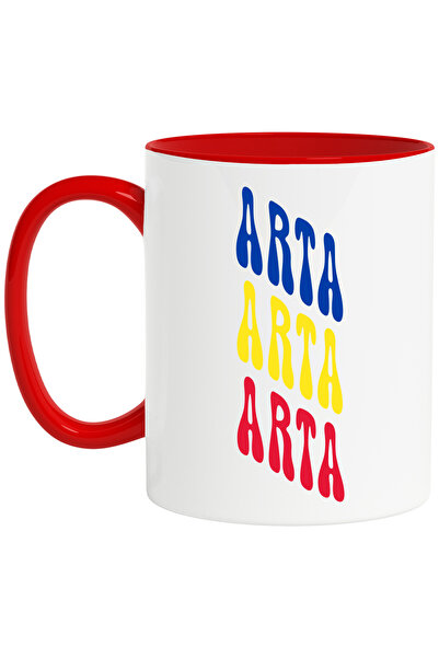 StoryGift Romania Cana Cuvantul Arta, In Culorile Steagului Romaniei, Rosu, Galben, Albastru, Text, Cu Maner Rosu Stg