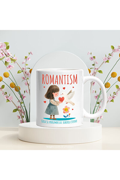 StoryGift Romania Cana Cu Fata Stil Desene Animate Cu Breton Inima, Porumbel Alb, Text Romantism, , Cu ,stg