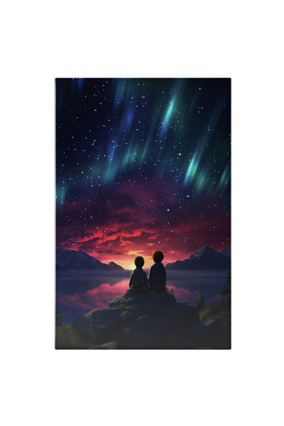 StoryGift Romania Tablou Canvas: Copii Care Privesc Catre Cerul Colorat Si Instelat Pe O Stanca Privind Catre Mu