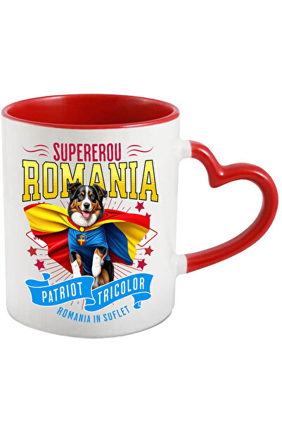 StoryGift Romania Cana Cu Ciobănesc Australian / Australian Shepherd Caine In Costum De Capitan Ro, Cu Maner Inim Stg