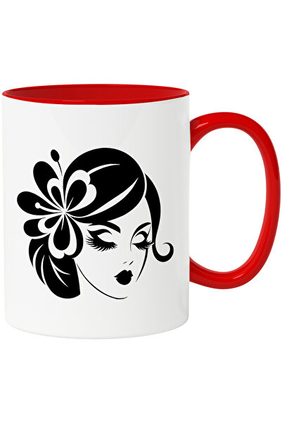 StoryGift Romania Cana Cu O Femeie Frumoasa Care Are O Floare La Ureche Cu Maner Rosu, Cu Maner Rosu Stg