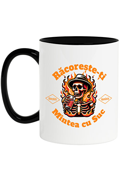 StoryGift Romania Cana Racoreste-ti Mintea Cu Suc Schelete In Flacari, 330ml, Ceramica Cu Maner Ne, Cu Maner Negru Stg