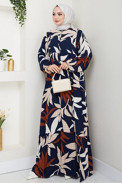 Bestenur Reza Φόρεμα με μισό κουμπί υφαντό βισκόζη 1472 - Navy Blue