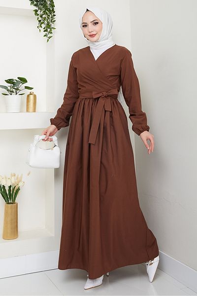 Bestenur Tie-Up Blouse Skirt Double Set 1465 - Bitter Brown