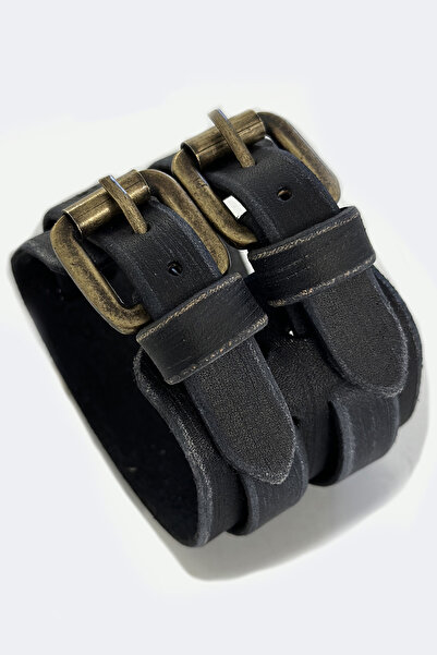 NARKİSSOS Handcrafted Inner Double Belted Black Antique Men's Leather Bracelet