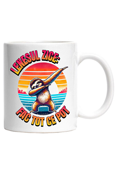 StoryGift Romania Cana Cu Animal Lenes Cool Plaja Apus De Soare Text Lenesul Zice Fac Tot Ce Pot, , Cu Maner Alb Stg