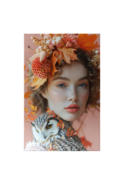 StoryGift Romania Tablou Canvas White Young Girl Cu Pistrui Si Ochii Albastri Cu Par Ondulat Cu O Bufnita Trista