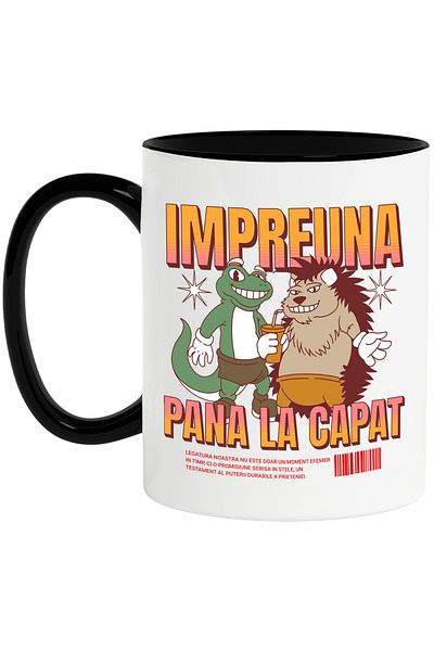 StoryGift Romania Cana Prieteni Pana La Capat Broscuta Si Arici Frati, 330ml, Ceramica Cu Maner Ne, Cu Maner Negru Stg