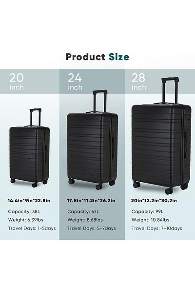 VINNYSEN Luggage Set 3-Piece Hard Shell Suitcase with Wheels TSA Lock Scalable Trolley Luggage Bag 20/24/28"