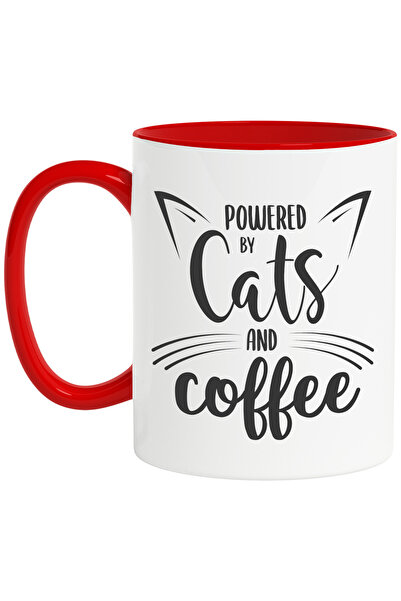StoryGift Romania Cana Cu Urechi De Pisica Si Mesajul In Engleza "powered By Cats And Coffee" - Cu, Cu Maner Rosu Stg