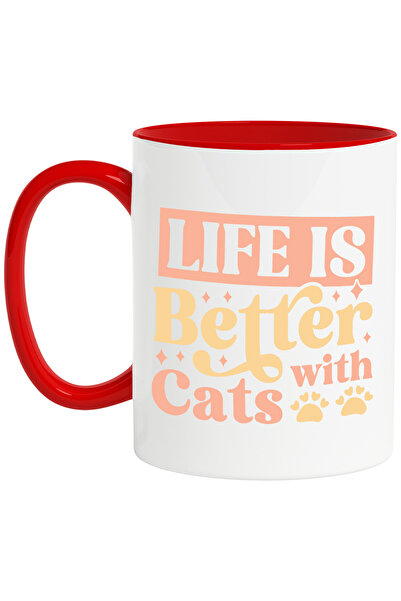 StoryGift Romania Cana Cu Labute Si Mesajul In Engleza "life Is Better With Cats" - Viata Este Mai, Cu Maner Rosu Stg