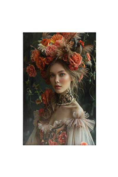 StoryGift Romania Tablou Canvas Domnita Florilor In Rochie Speciala Cu Palarie Din Flori Si Colier La Gat Cu Par