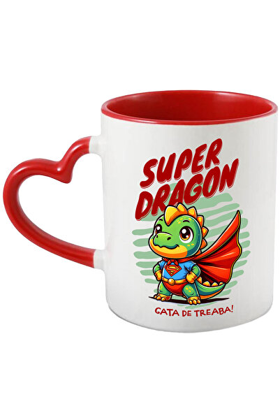 StoryGift Romania Cana Cu Dragon Desene Animate Cu Pelerina Rosie Si Simbol Super Erou Text Super , Cu Maner Inim Stg