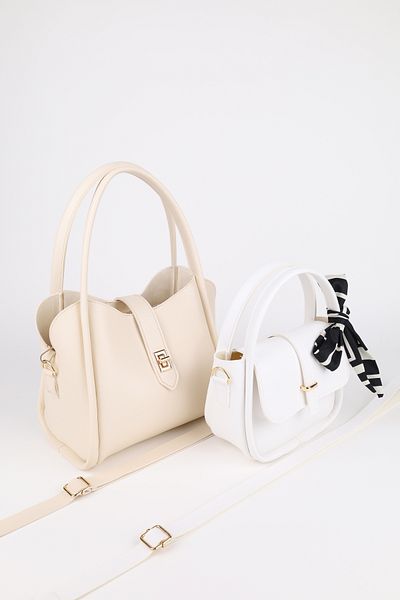 NOTHING Women's Cream White Lockable Three-Compartment and Gold Accessory Scarf Gift Set of 2 Bags Riomilan