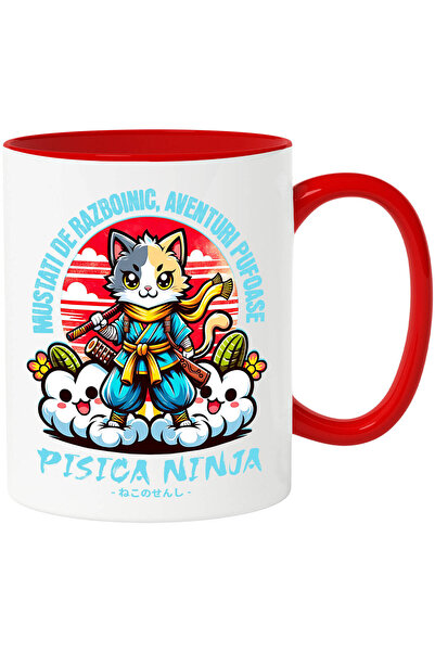 StoryGift Romania Cana Cu Pisica Colorata Ninja Pe Nori Text Mustati De Razboinic Aventuri Pufoase, Cu Maner Rosu Stg