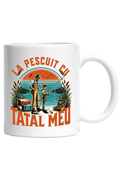 StoryGift Romania Cana Cu Tata Si Fiu La Pescuit Balta Natura, Peste Text La Pescuit Cu Tatal Meu,, Cu Maner Alb Stg