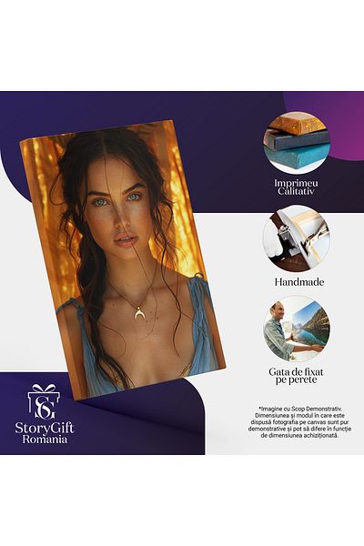 StoryGift Romania Tablou Canvas: Femeie Șatenă cu Ochi Albaștri, Rochie Decoltată și Lănțișor cu Semi Lună- Frum