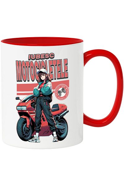 StoryGift Romania Cana cu Fata Animata Cu Sapca Tinuta Sport Motor Rosu Sport Viteza Text Iubesc M, Cu Maner Rosu STG