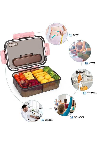 COOYA 1500ml portable 3 compartment lunch box, airtight and leakproof, BPA free, with spoon and fork, pink